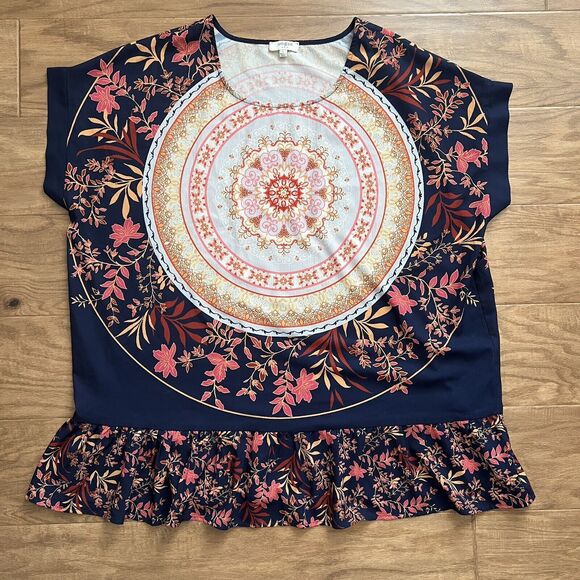 Umgee Tunic Top Size Large L Navy/Coral Medallion Floral Print Oversized - Picture 1 of 7
